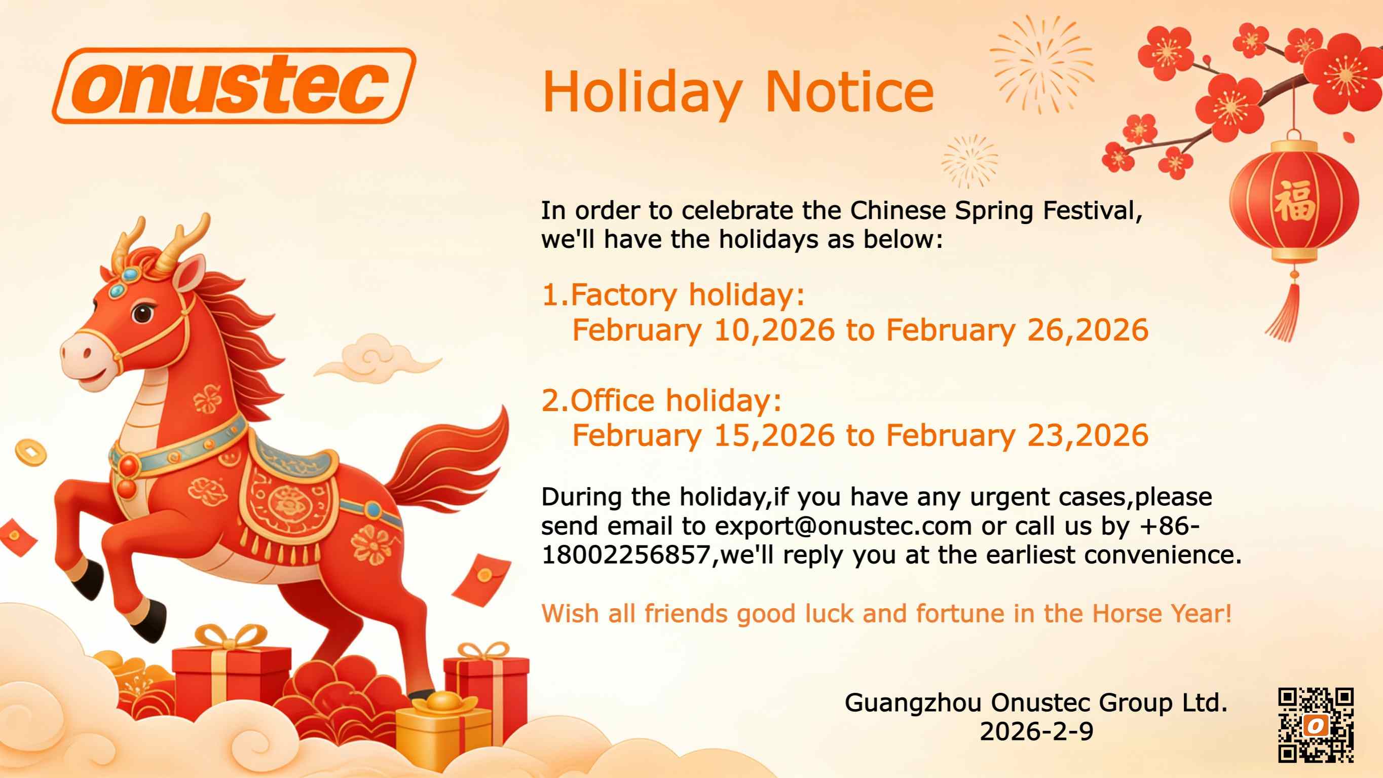 ONUSTEC SPRING FESTIVAL HOLIDAY NOTICE